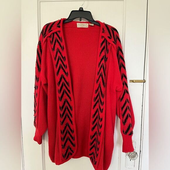 Sweaters - Vintage Maurada XL open front sweater cardigan in red and black